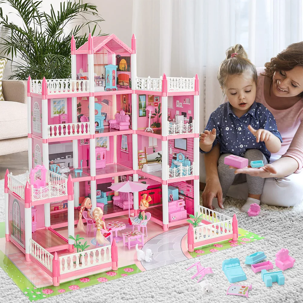 Preciosa casa de muñecas con 4 muñecas, juego de simulación, Kit de casa de muñecas DIY, 4 pisos, 11 habitaciones, figuras de juguete, casa de juegos para niñas, regalo de cumpleaños