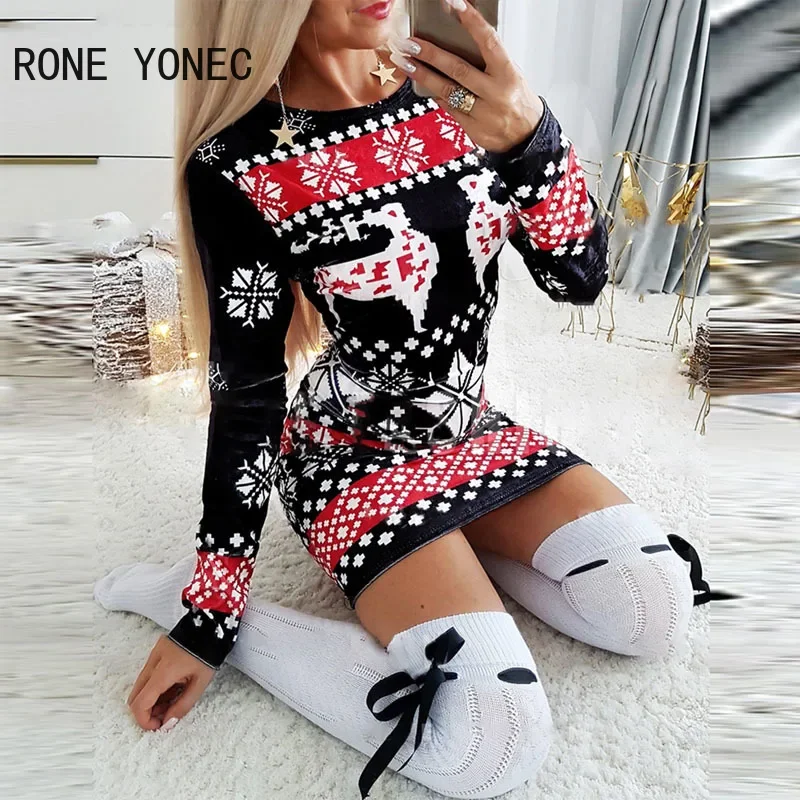 Women Elegant Round Collar Long Sleeves New Winter Big Yards Christmas Dress