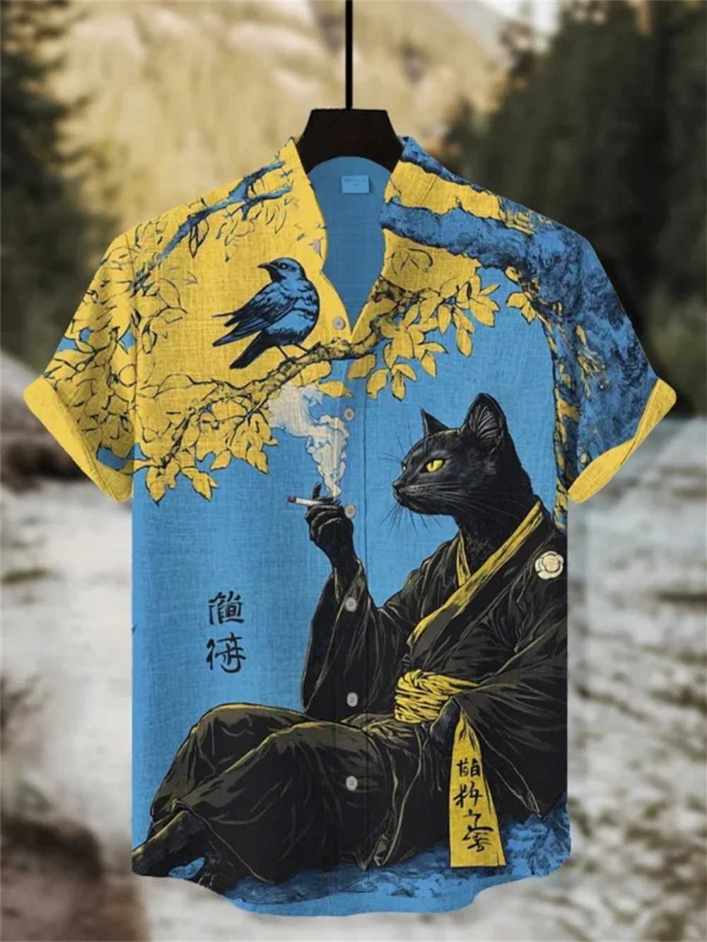 

Men's Japanese Style Kimono Cat Printed Linen Shirt Summer Fashionable Stand up Collar Short Sleeve Fast Shipping