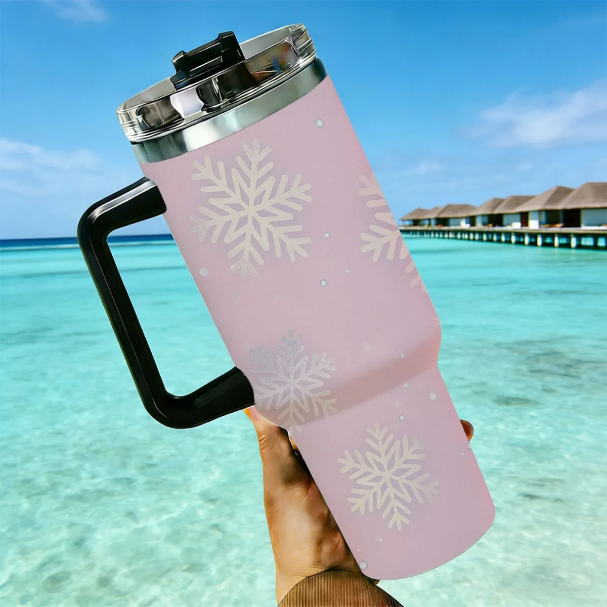 40oz Pink Snowflake Print Stainless Steel Tumbler With Handle Straw Lid 24 Hours Cold Insulated Travel Water Cup
