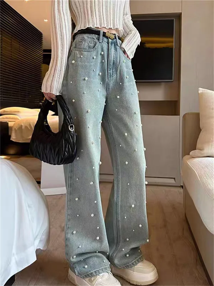 

Women's Pearl Decoration Design Blue Jeans Street Temperament Bottoms Young Girl Casual Trousers Female High Waist Straight Pant