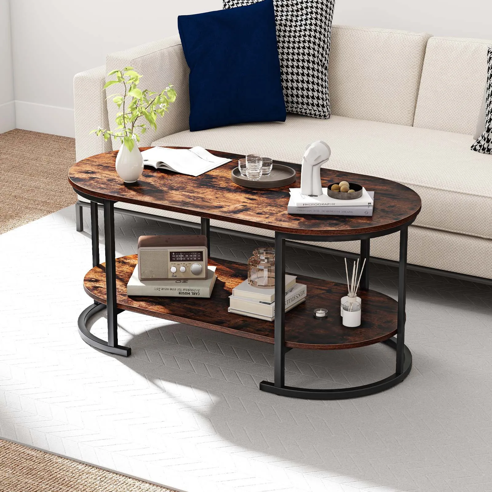 

2-Tier Modern Coffee Table | Faux Marble Top, Oval Shape, Golden Metal Frame, Open Storage Shelf,