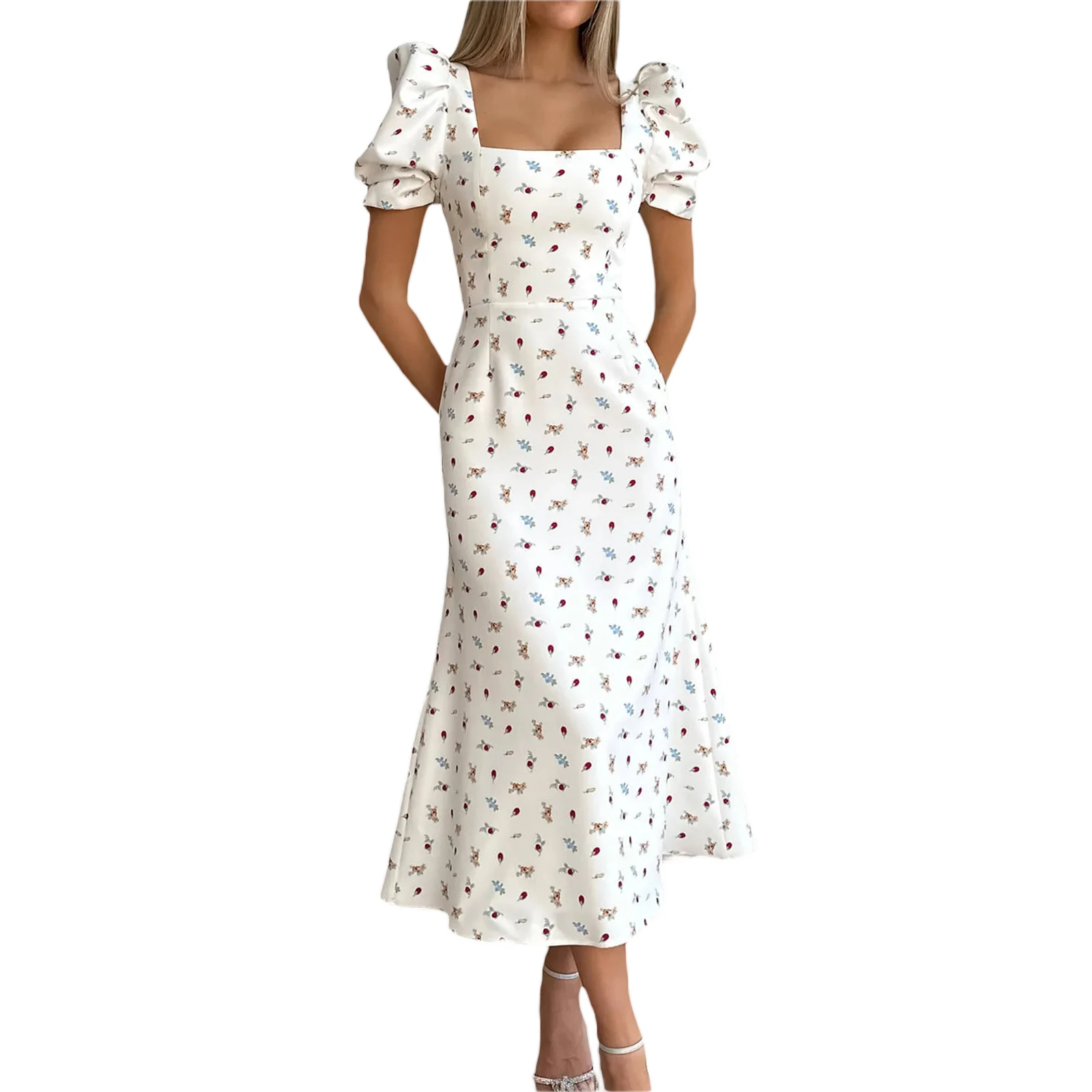 Summer Women\'s Elegant Midi Dress Casual Short Puff Sleeve Floral Print Square Neck A-Line Flowy Dress