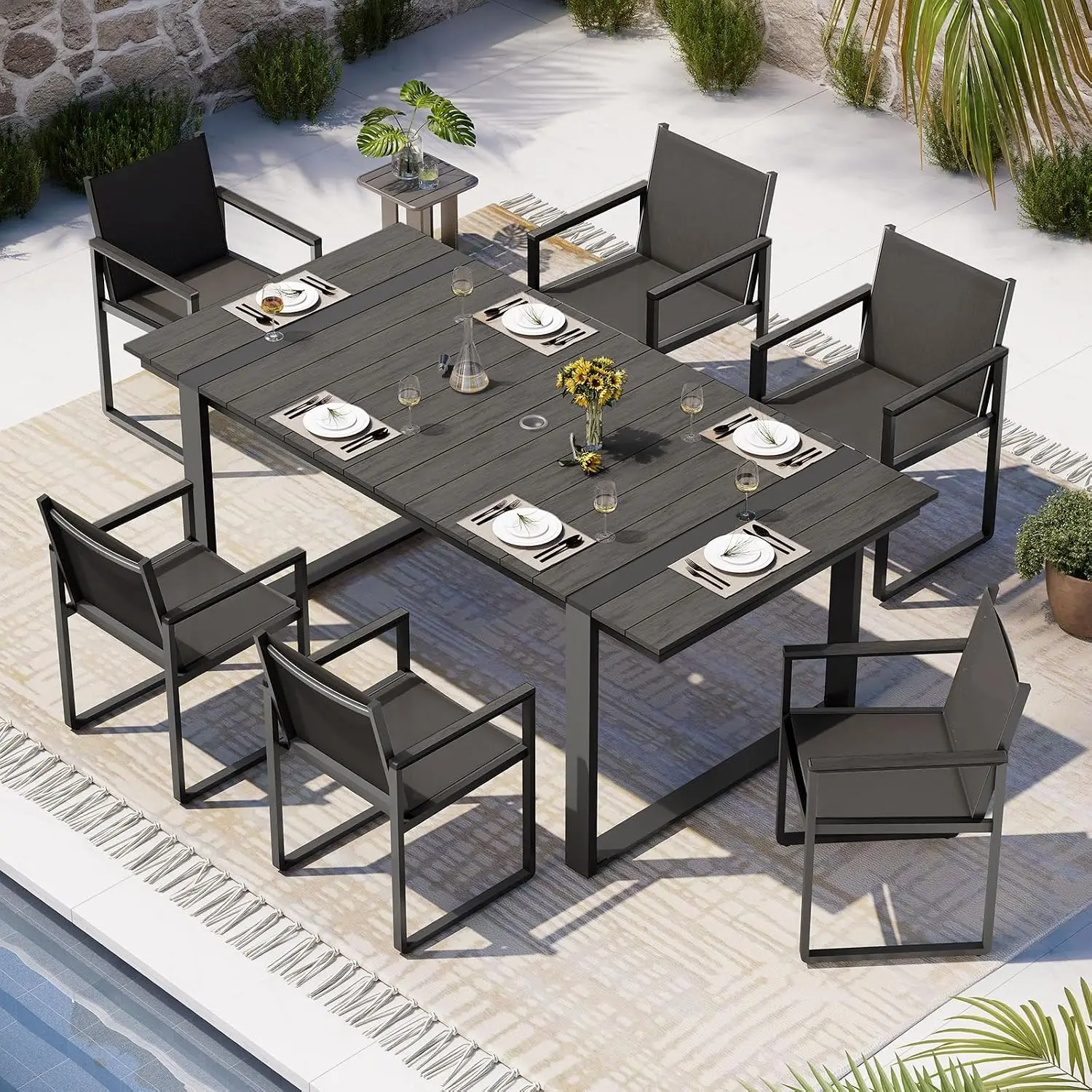 Full Grounded Outdoor Dining Set Aluminum Patio Table & Chairs Garden Furniture 6 Seater Weather Resistant, Customized