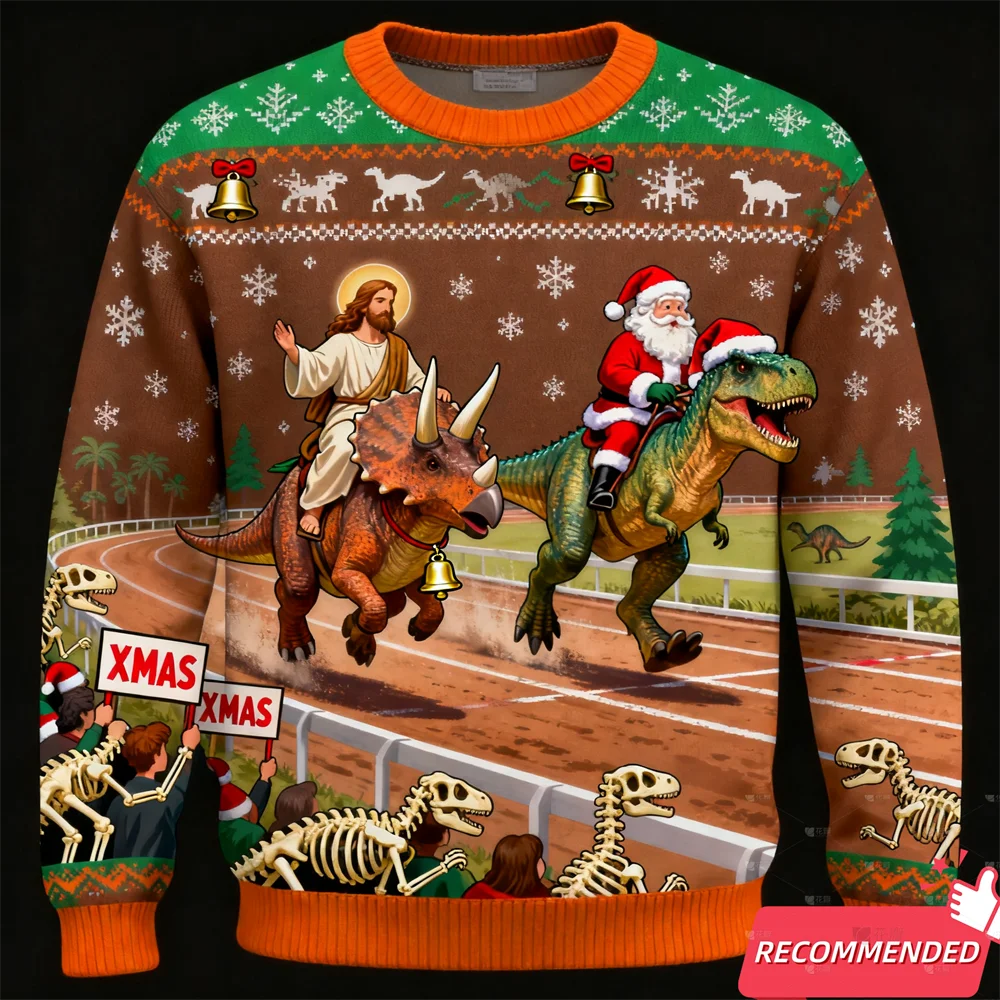 2025 عيد الميلاد البلوز للرجال ديناصور مضحك يسوع سانتا سترة قبيحة موضة للجنسين الشارع الشهير عيد الميلاد الاطفال Y2k ملابس رياضية #3