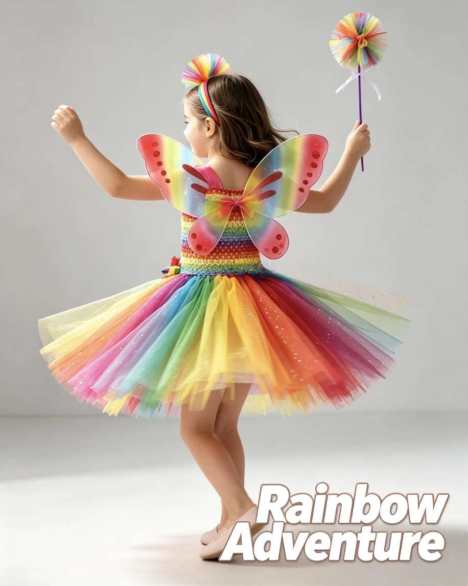 

Kids Rainbow Butterfly Fairy Princess Sequins Mesh Dress With Accessories For Children Halloween Party Elf Dress Up Clothings