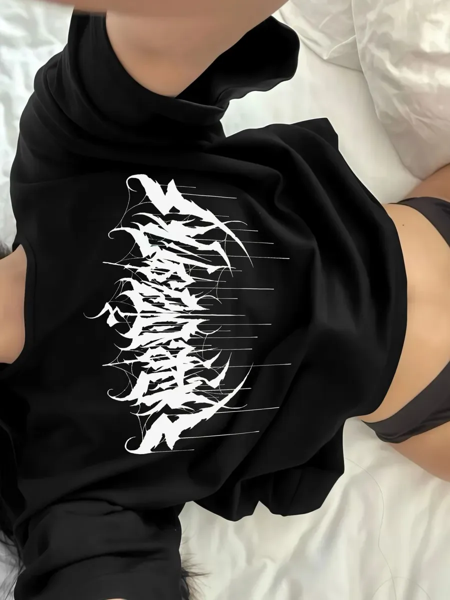 Women Black T‑Shirt Gothic Dark Calligraphy Spider Web Graphic Print Short Sleeve O‑Neck Loose Punk Streetwear Ladies Fashion