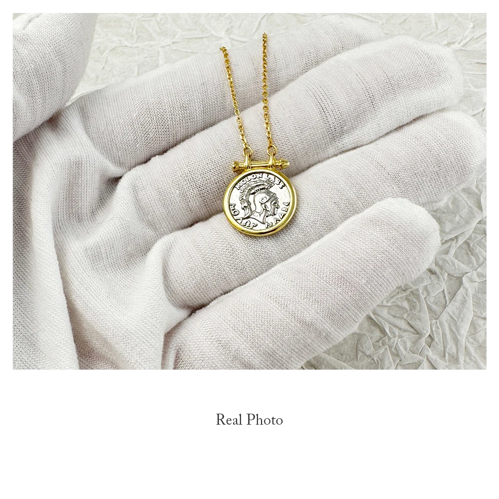 925 Sterling Silver Antique Round Coin Necklace 18K Gold Plated Chain Roman Empire Knight Pendant Vintage Fine Jewelry For Women