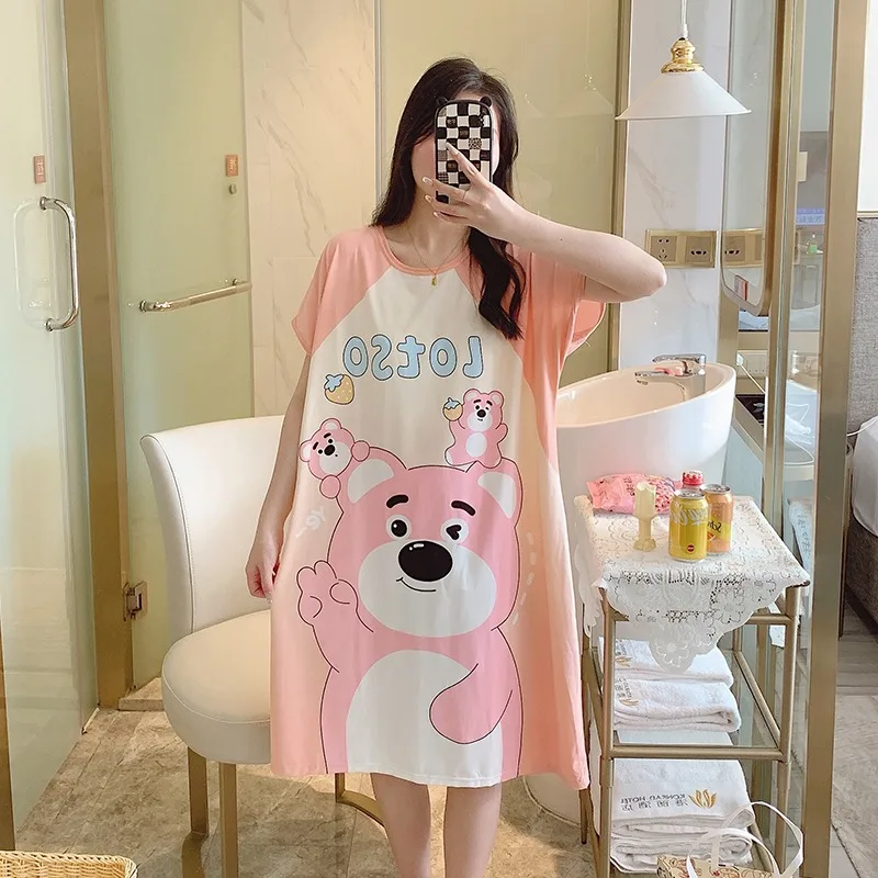 سانريو تنورة طويلة صيفية بأكمام قصيرة، فستان نوم على شكل دب الفراولة، ملابس مريحة غير رسمية، ملابس تنحيف على شكل دب الفراولة #1