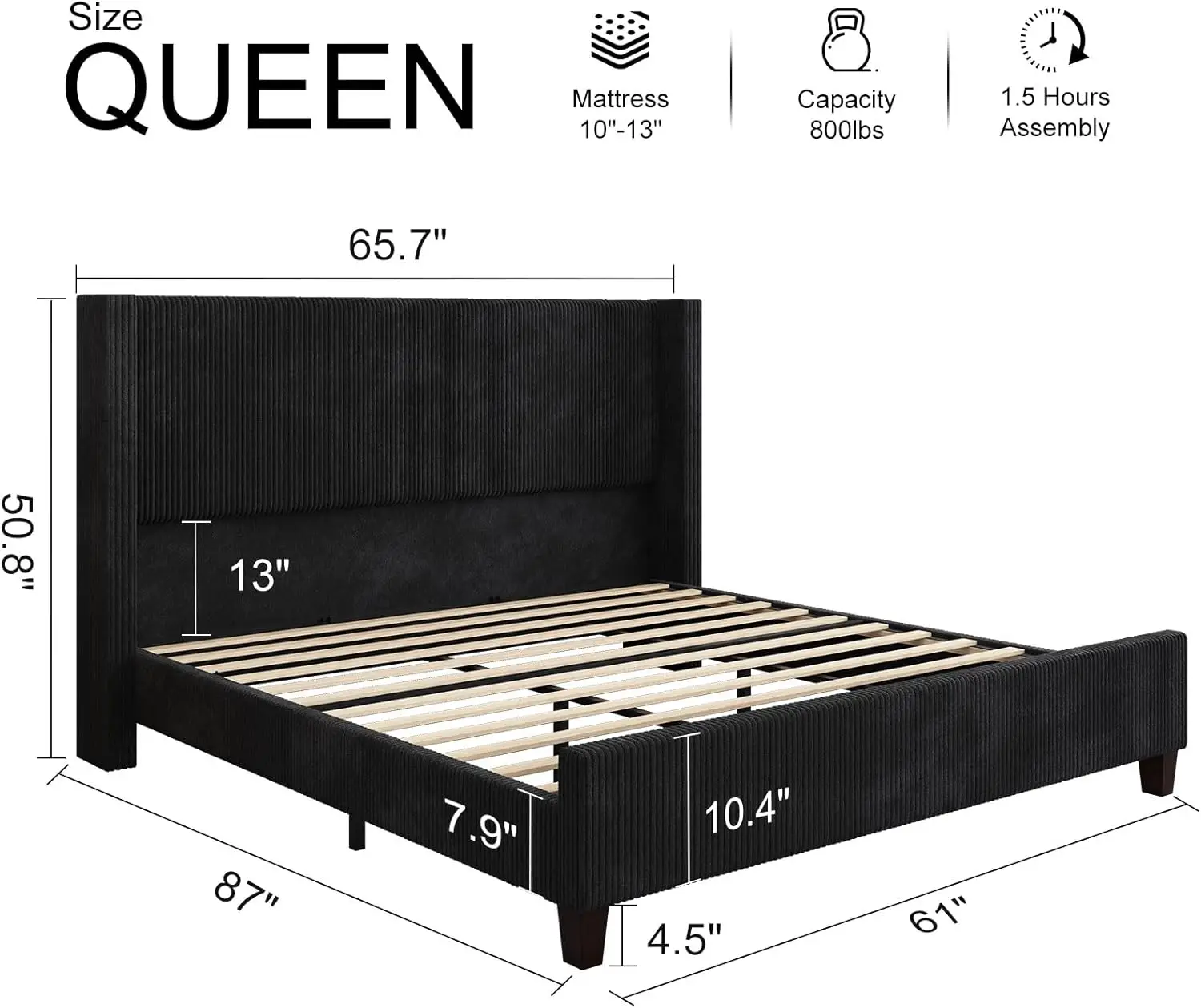 Estrutura de cama estofada Howe Queen Size, cama de plataforma Wingback com cabeceira de 50,8", veludo/péna de madeira maciça/sem mola de caixa