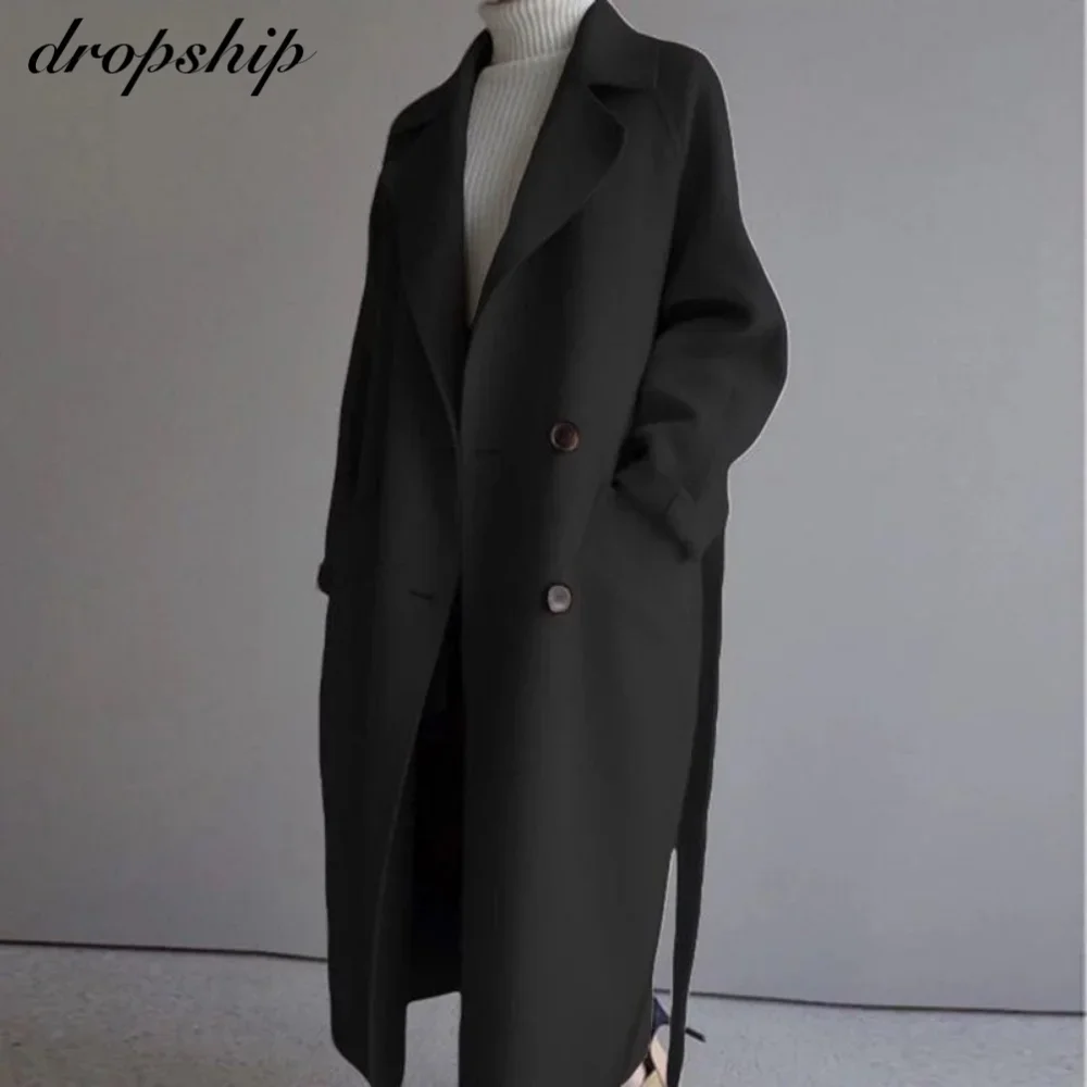 Winter Beige Elegant Wool Blend Women Korean Fashion Black Long Coats Vintage Minimalist Woolen Overcoat Camel Oversize Outwear