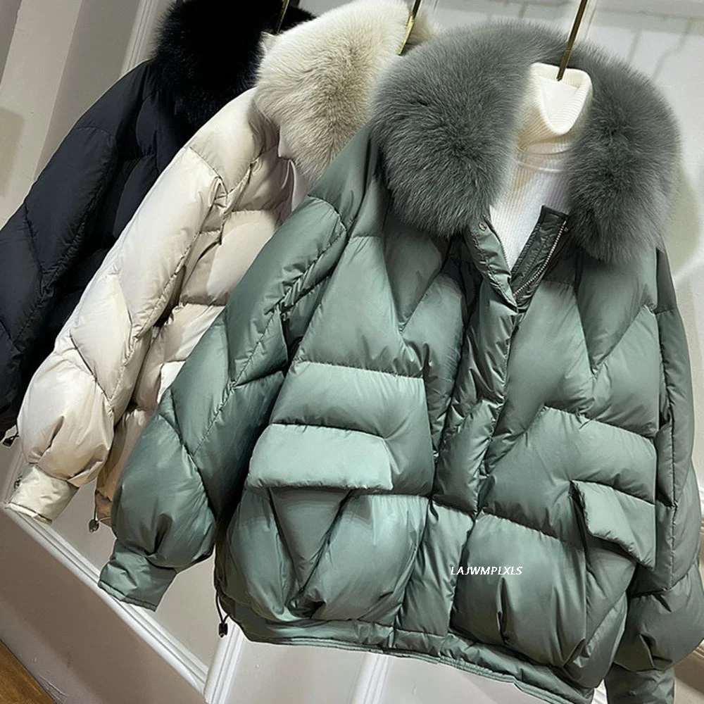 Natural Fox Fur Large Hooded Winter Coat Women 90% White Duck Down Jacket Thick Warm Parkas Female Outerwear Pure Color