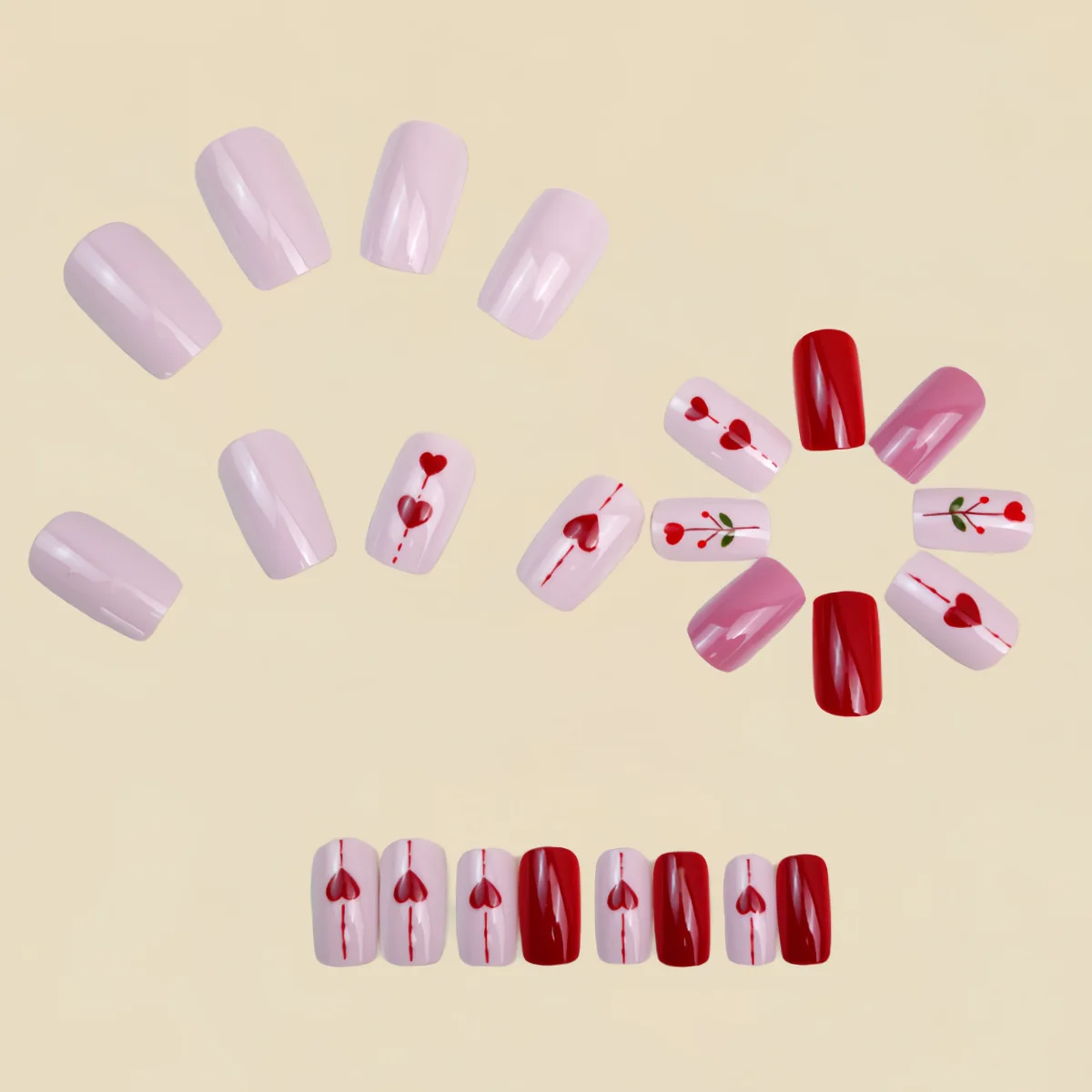 Medium long fake nails for women girls pink red black cute heart square ballet tips for Valentine's Day press on false nail art
