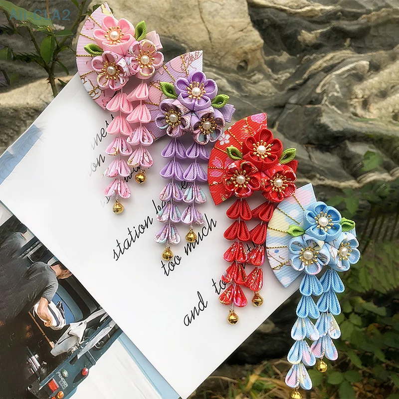 Japanese Kimono Fabric Flower Folding Fan Children Hair Accessories Clip Tassel Headwear Headdress Barrette