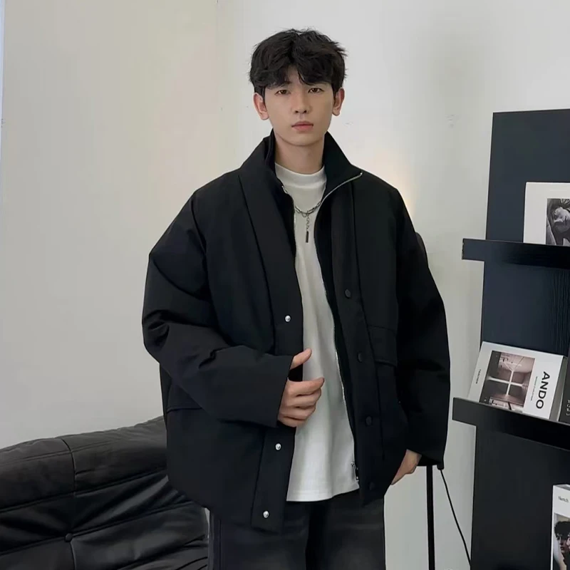 Men's Thiened Cotton Jaet Bla Stand Collar Bread Sle Warmth Outerwear Casual Loose Fit Polyester Fiber Winter Coat