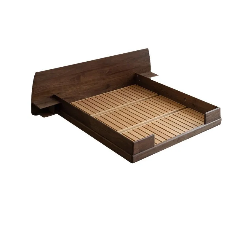 Nordic black walnut solid wood tatami, simple Japanese floor-to-ceiling short bed, cherry wood floor bed, bedroom double bed