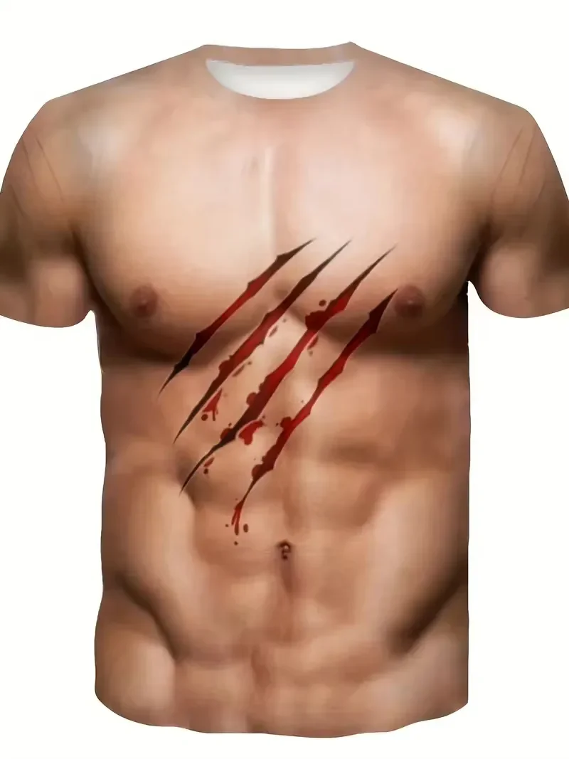 Men 3d Printed Muscle Fake Abs Short Sleeve T-shirt Summer Spring Cosplay Costume Tee Shirts Funny Hairy Chest Graphic T Shirt