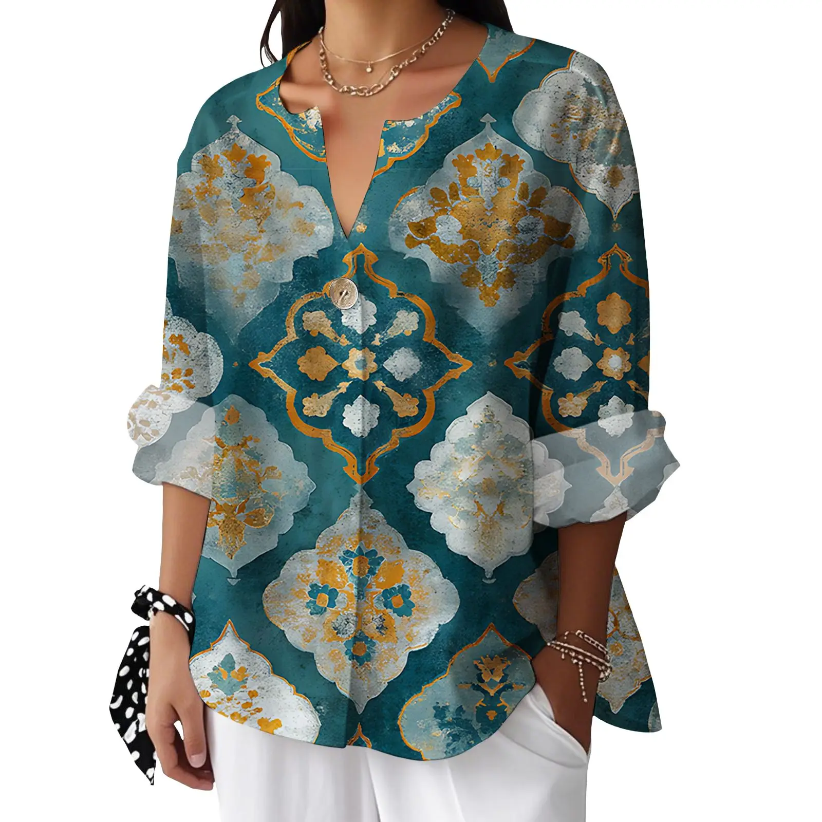 

Womens Boho Cotton Linen Print Tops Trendy Summer V Neck Rolled 3/4 Sleeve Loose Fit Blouses for Beach Holiday