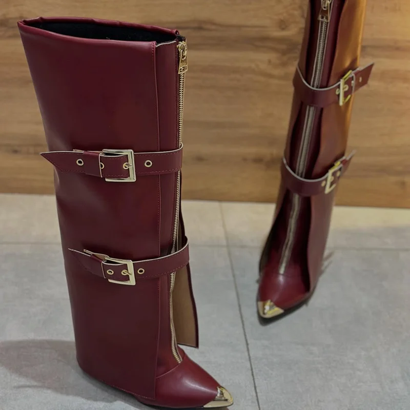 

Брючные ботинки в стиле пэчворк с металлической молнией и поясом, сексуальные ботинки с острым носком на толстом каблуке, новые поступления, модные женские современные ботинки