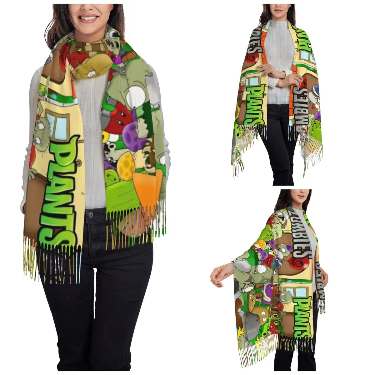 Plants Vs Zombies PVZ Cartoon Game Scarf for Women Winter Fall Shawls and Wrap Funny Poster Long Scarves with Tassel Lightweight