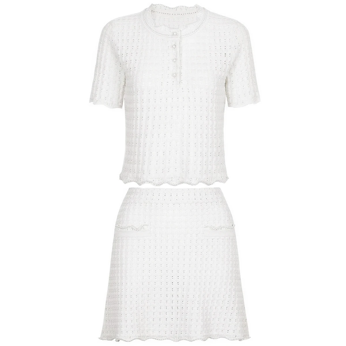 

Высококачественный летний новый модный классический эластичный вязаный топ с жемчужным краем, топ с короткими рукавами, вязаный свитер + полуюбка, женский комплект