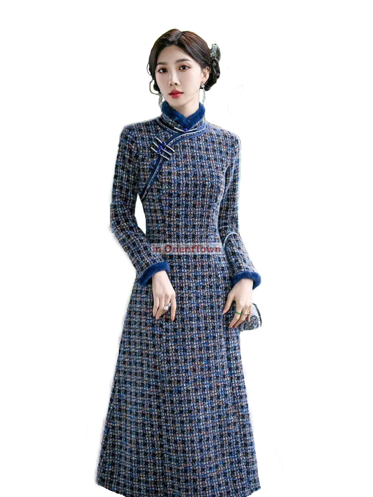 Asian Winter Dress Traditional Robes Graceful Stand Collar Elegant Qipao plaid Pattern Long  Vestido