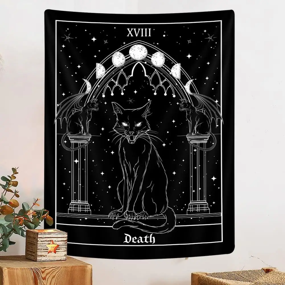 Tapisserie gothique chat noir, décoration murale verticale gothique Tarot Sorcière pour hommes, art esthétique anime noir et blanc pour la sorcellerie