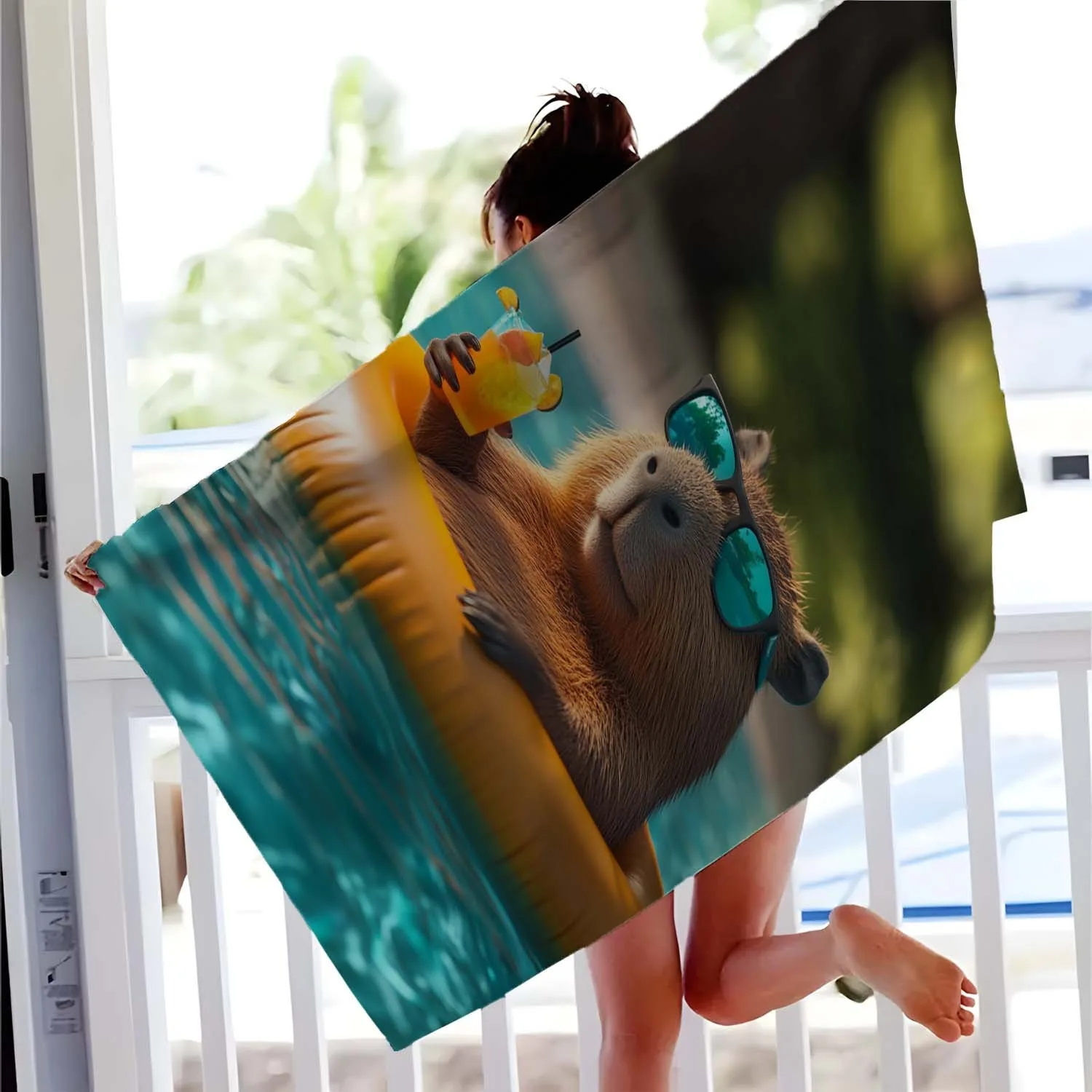 Cute Capybara with Fashion Glasses Float Beach Towel Quick-Dry Microfiber Bath Towel Super Absorbent for Pool Swimming