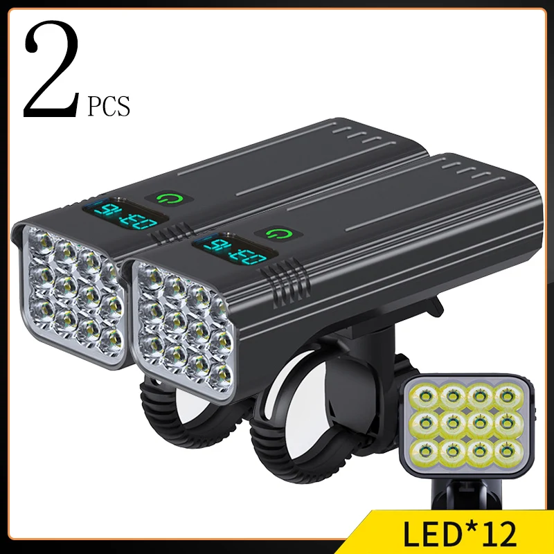 

2pcs 10000mAh Bicycle Light Digital Battery Indicator USB Rechargeable Bike Light Set with 2 Holders 12 LED Flashlight