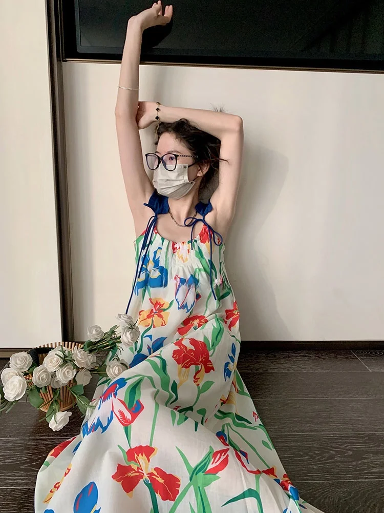 

Whysocold Gentle Breeze Slimming Floral Dress Women's Summer Design Large Flower Strap Dress Commute High Waist Long Sleeve