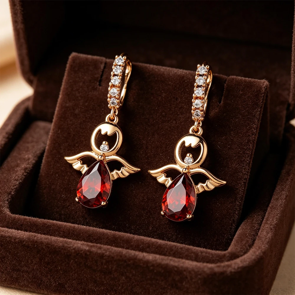 Angel Fallen Earrings Red Teardrop-Shaped Crystal-Encrusted Earrings Ideal Jewelry Gifts For Ladies Formal Events And Dates
