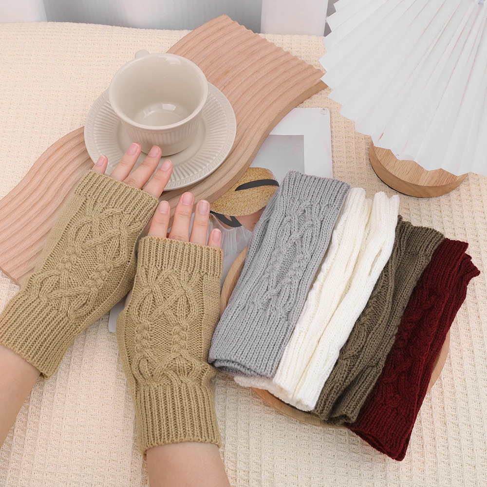 Korean Outdoor Winter Warm Fingerless Knitted Gloves Women Solid Color Stretch Mittens Exposed Finger Gloves Arm Warmers Guantes