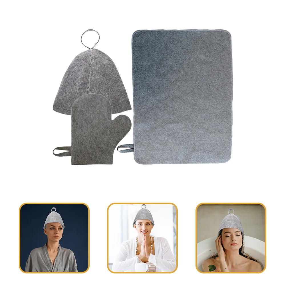 1Set Comfortable Sauna Cap Set Felt Material Breathable Lightweight Hanging Ring Design Sauna Hair Hat Bath Spa Accessories