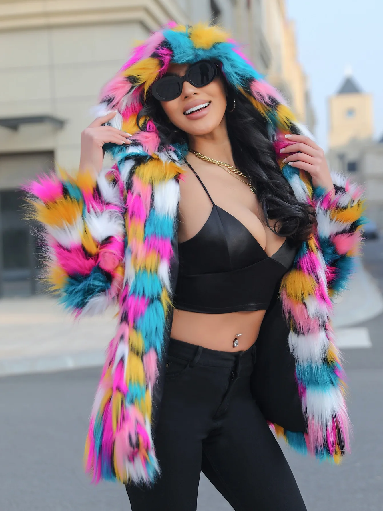 Women's Bold Warm Faux Fur Jacket Thicken Hooded Hidden Button Casual Loose Soft Color Blocking Outwear Winter Chic  Coat