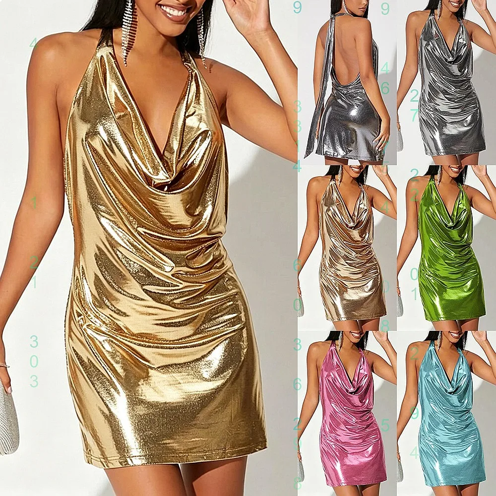 Elegant Satin Metallic Halter Neck Bodycon Mini Dress Evening Dresses Sexy Summer Party Jumpsuit Playsuit Matching Set
