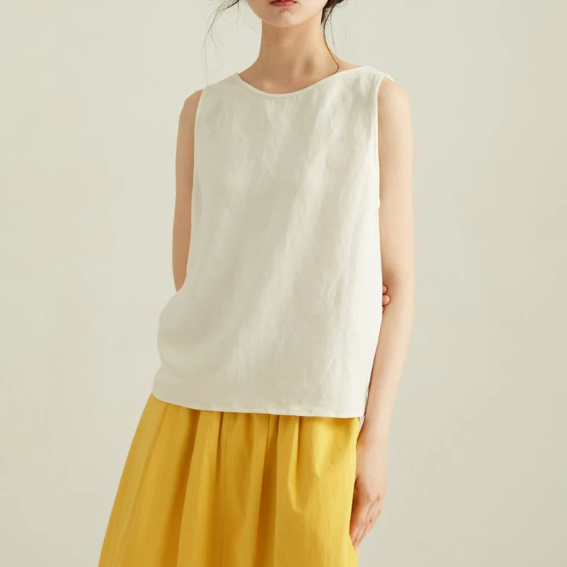 Women Clothing Vintage Simple Causal Vacation with Buttons Linen Tank Tops 2024 Summer Female V Neck White Loose Sleeveless Vest