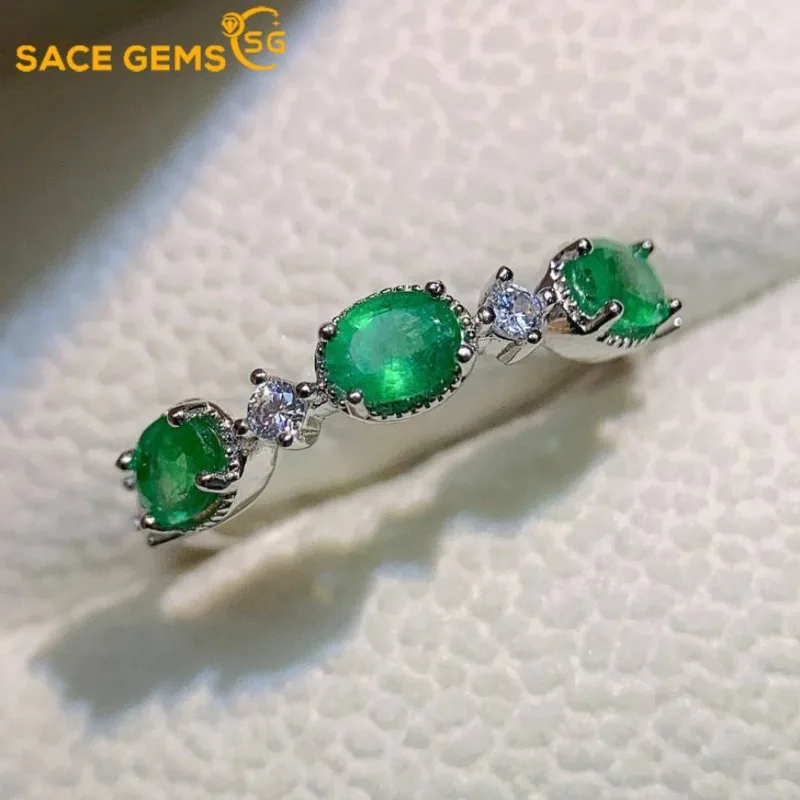 

SACE GEMS New Arrival Trend 925 Sterling Silver Resizable 4*5MM Natual Emerald Rings for Women Engagement Cocktail Party Jewelry