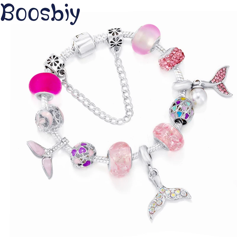 Pink Dreamy Fish Tail Charms Bracelet With Heart Pendants Fit Jewelry Snake Chain For Women Fashion Brand Gift New Desgin