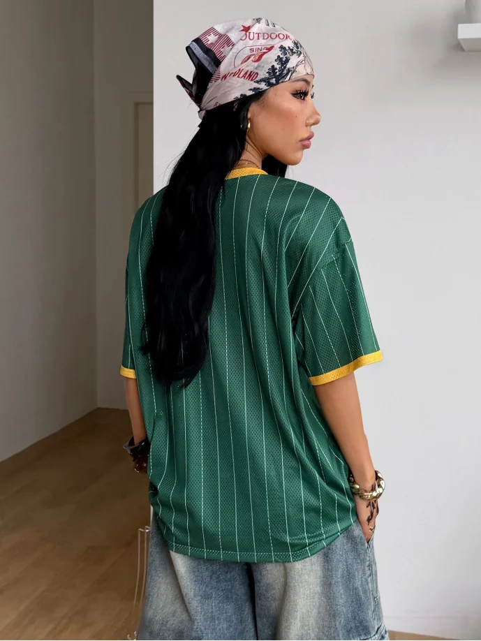 Summer New Stripe Brazil Print T-Shirt For Women V-Neck Vintage Sports Beach Tees Football Jersey Y2K Oversized Surfing Tops