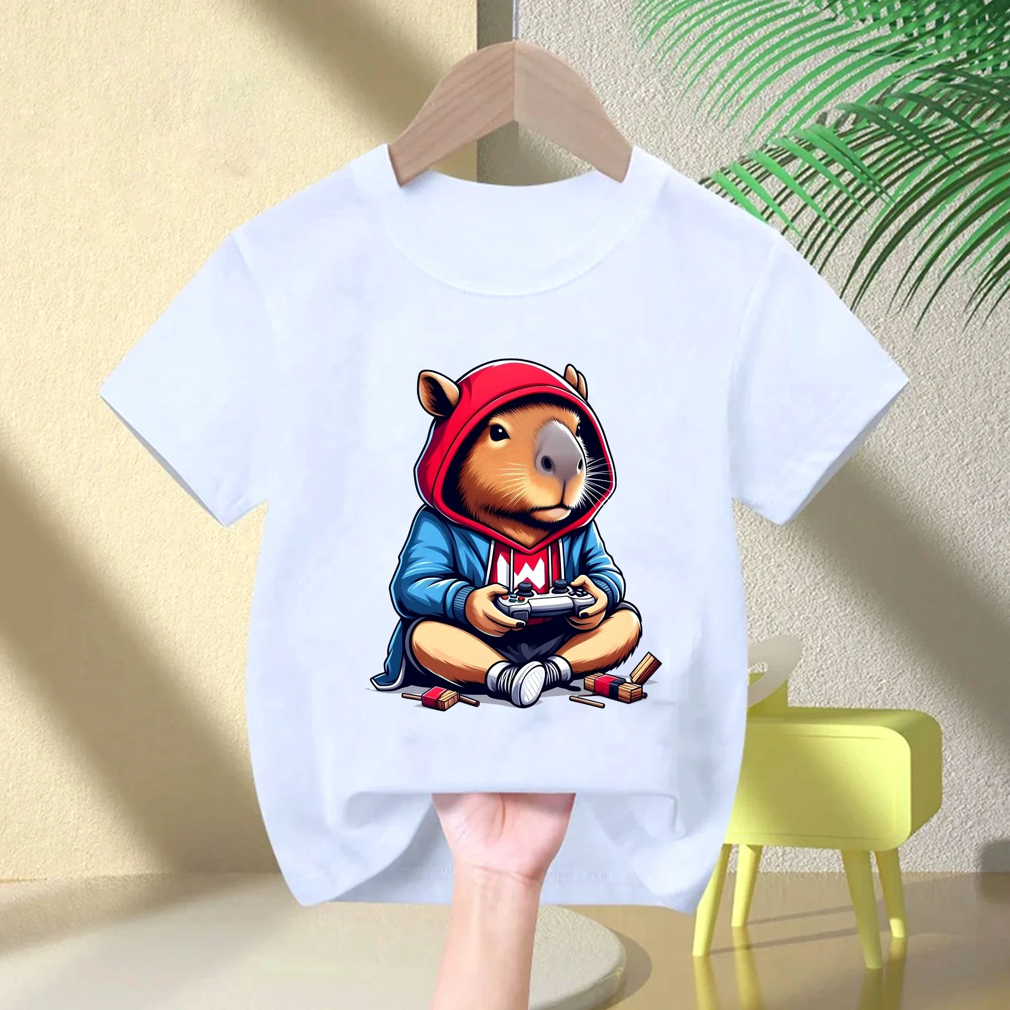 

2025 Cute Capybara Loves Bubble Tea Print Kids T-Shirt Summer Children's Cartoon Short-sleeved Casual Tops Boys and Girls