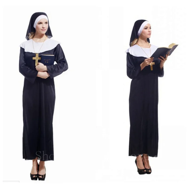 Virgin Mary Nuns Costumes Woman Halloween Cosplay Christian Religion Monk Robes Stage Performance Priestess Dress Scarf