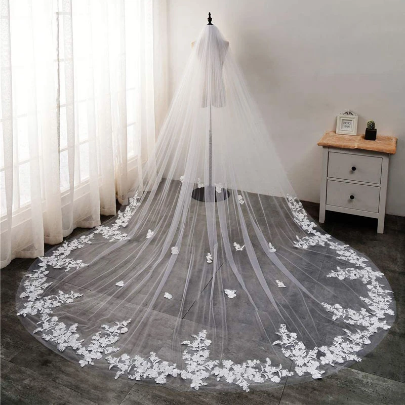 

Elegant Soft Tulle Lace Applique 5M Cathedral Long Wedding Veils Real Photo Quality 1 Layer Bridal Veil Manga With Comb Custom