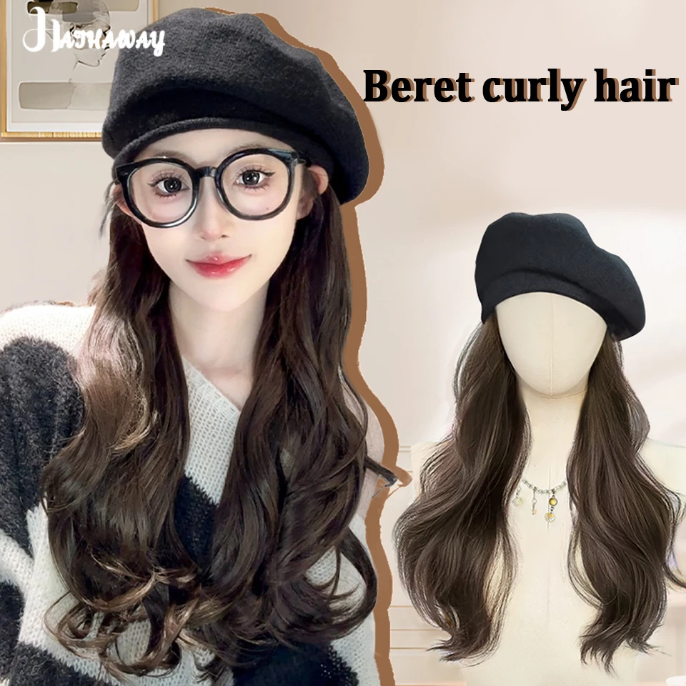 Synthetic Wig Hats Integrated Natural High-level Full-headgear Ladies Online Celebrity Autumn And Winter New Long Curly Wig Hats