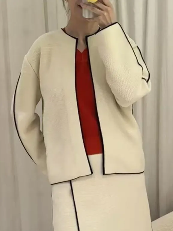 2026 Summer New Color Block Fashion Crew Neck Long Sleeve Cardigan Elegant Minimalist Versatile Commute Coat