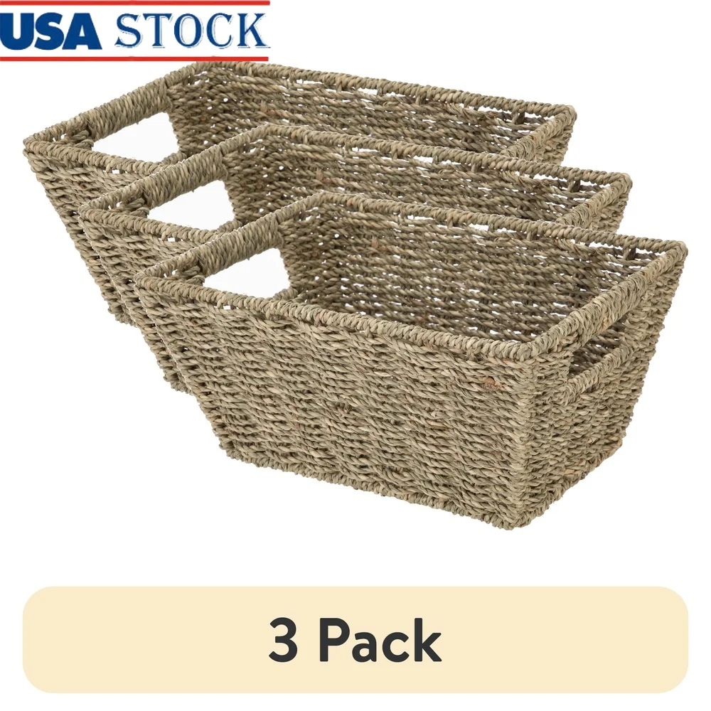 

3 Pack Handwoven Seagrass Storage Baskets Rectangle Versatile Natural Color Perfect Toiletries Accessories Gift Giving