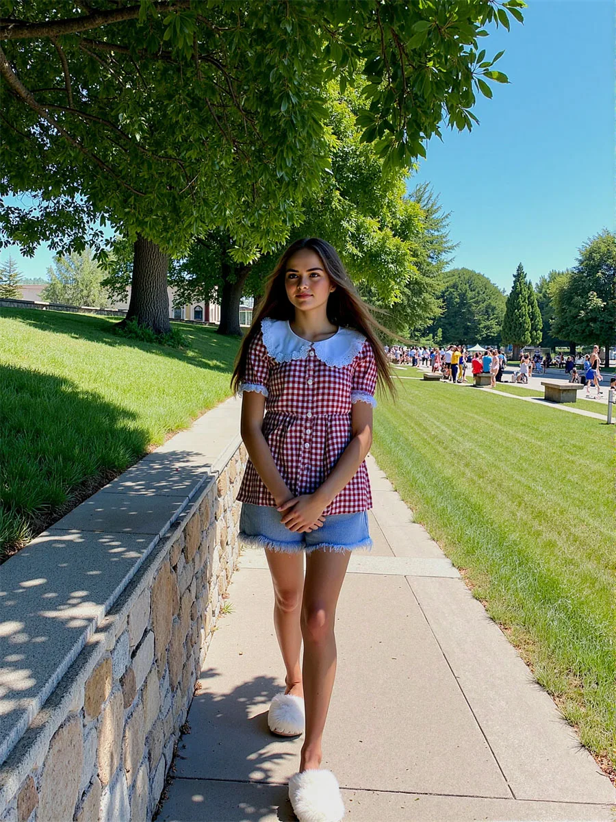 

Рубашки с короткими рукавами, женские белые клетчатые кукольные воротники, плиссированные расклешенные фонарики, шифоновая сетка, лоскутное шитье