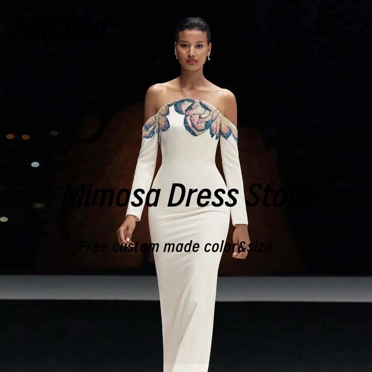 Mimosa Long Sleeves Prom Dresses 2025 Colorful Beading Strapless Evening Party Dress Zipper Back Robe De Soirée Customized