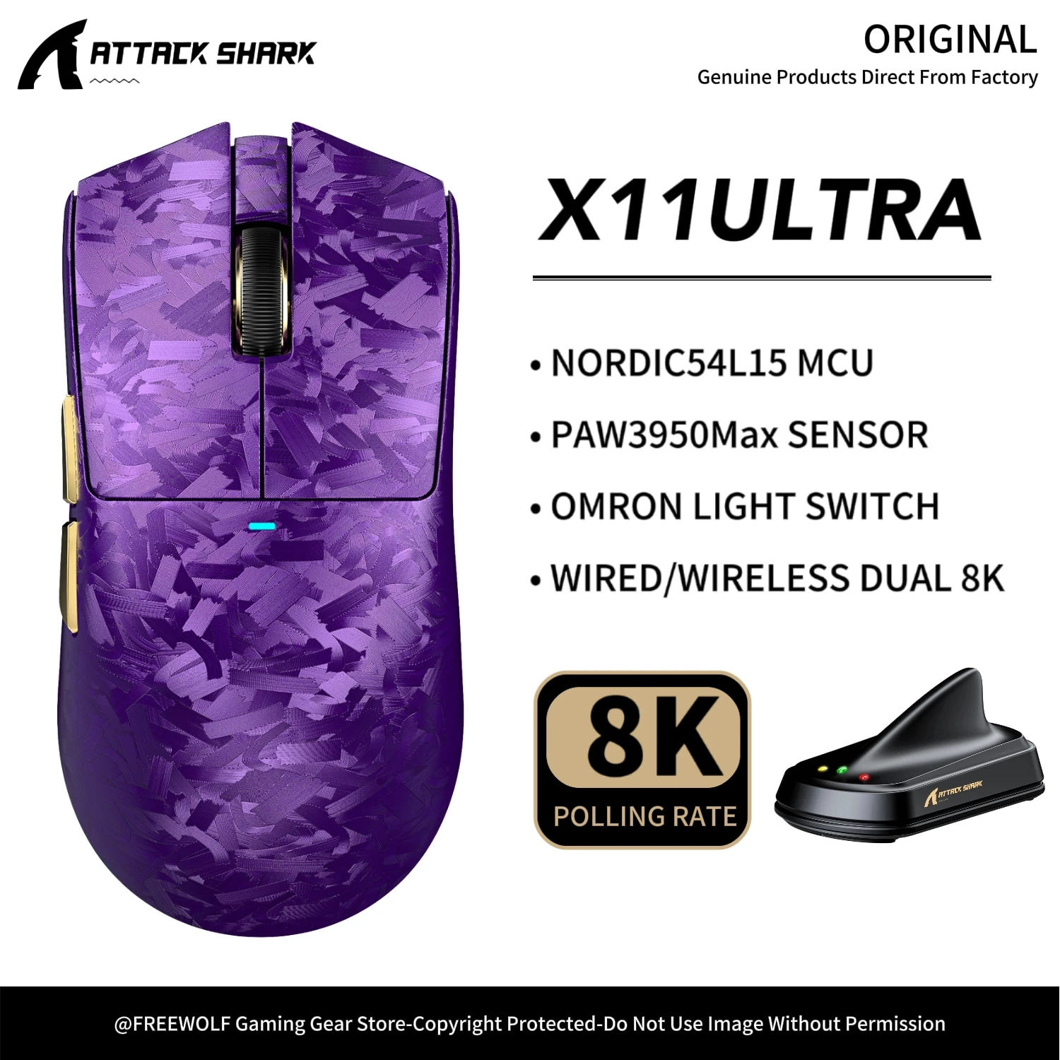 Attack Shark Wired/Wireless Dual 8K X11Ultra Mouse-Mini Receiver,42000DPI,Nordic54L15 MCU,PAW3950Max Sensor,Wired/2.4G/BT