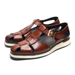 XEBOS Men's Sandals Genuine Leather Cowhide Summer Outdoor Flat Shoes Casual Sneakers Buckle Strap Black Brown Male Footwear