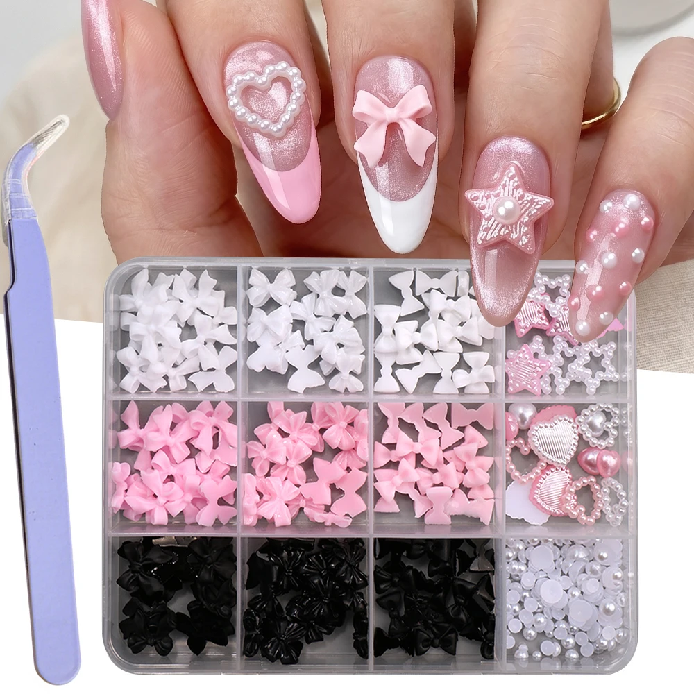 Pink White Resin Pearls Bow Tie Nail Art Decorations With Tweezers Tool 3D Hollow Out Star Heart Shaped Nail Charms Accessories